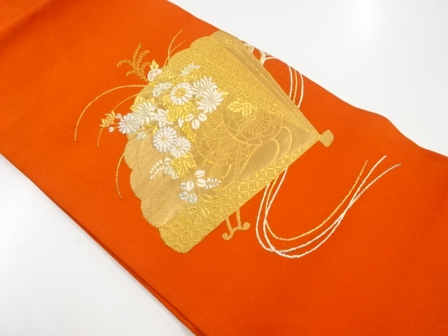 JAPANESE KIMONO / VINTAGE NAGOYA OBI / WOVEN FLORAL CART & FOLDING FAN PATTERN